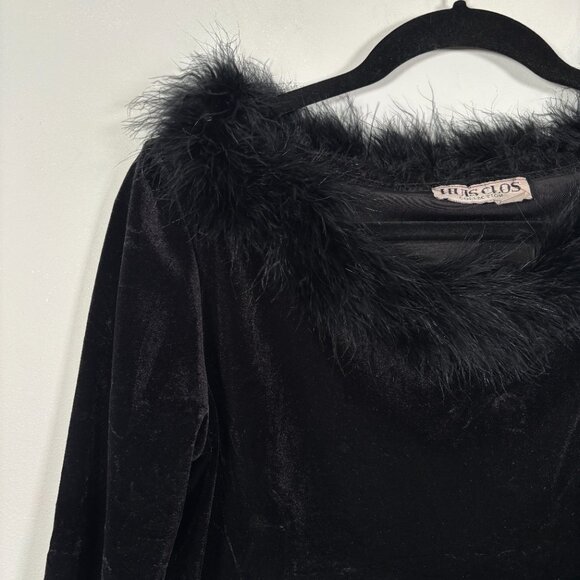 Vintage Black Velvet Feather Trim Top Y2K Party Holiday Glam Whimsigoth Size L - Picture 3 of 7